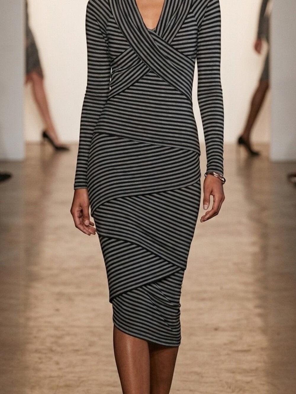 BAILEY 44 Grey & Black Stripe Cross-Over Tiered Draped Dress - Small
